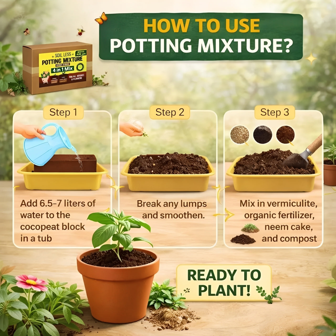 4 in 1 Soil Less Potting Mixture – Cocopeat, Vermiculite, Neem Khad & Organic Plant Food