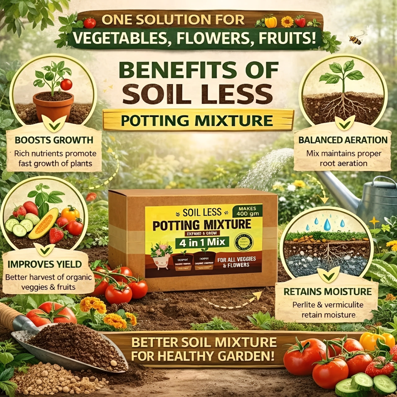 4 in 1 Soil Less Potting Mixture – Cocopeat, Vermiculite, Neem Khad & Organic Plant Food